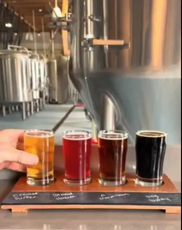 A flight of beer in tasting glasses on a wooden paddle